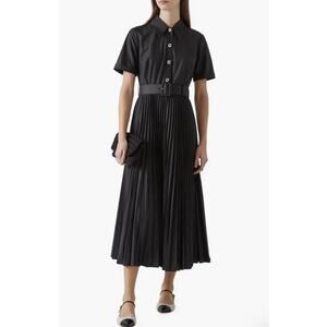 NWT LK Bennett Cally Pleated Shirt Dress Women's 16 Black Preppy Designer Office